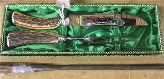 African steel-bladed Assegai/throwing spear & a Jublin carving set, cased